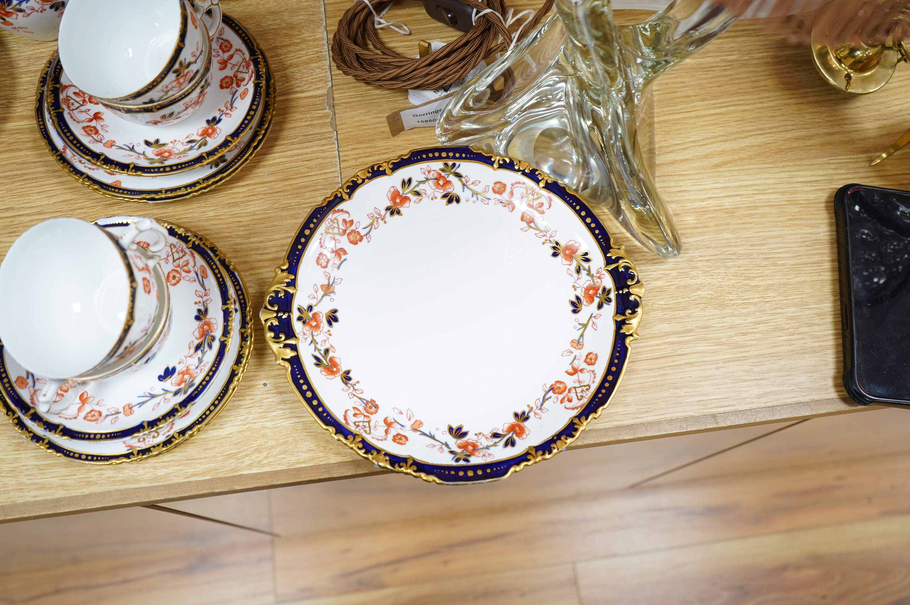 A Royal Crown Derby Imari porcelain part tea set to include sandwich plates, trios and milk jug. Condition - varies, some breaks